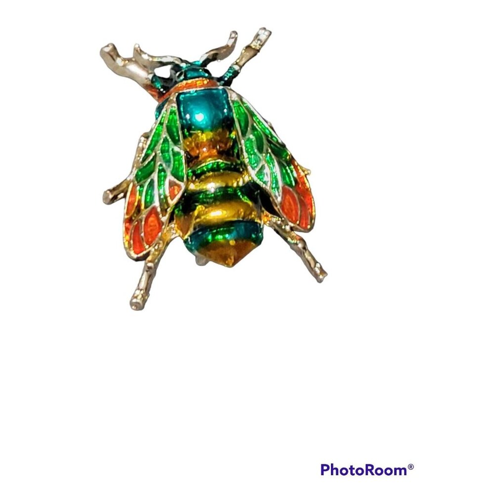 Jewel Tone Green Amber Gold Bee Brooch Bee Pin Enamel Insect Gold Tone 1.5 inch